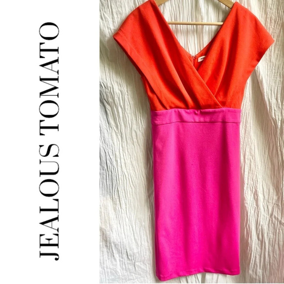 Jealous Tomato Pink & Red Colorblock Surplice Neckline Mini Dress, S - Picture 2 of 14